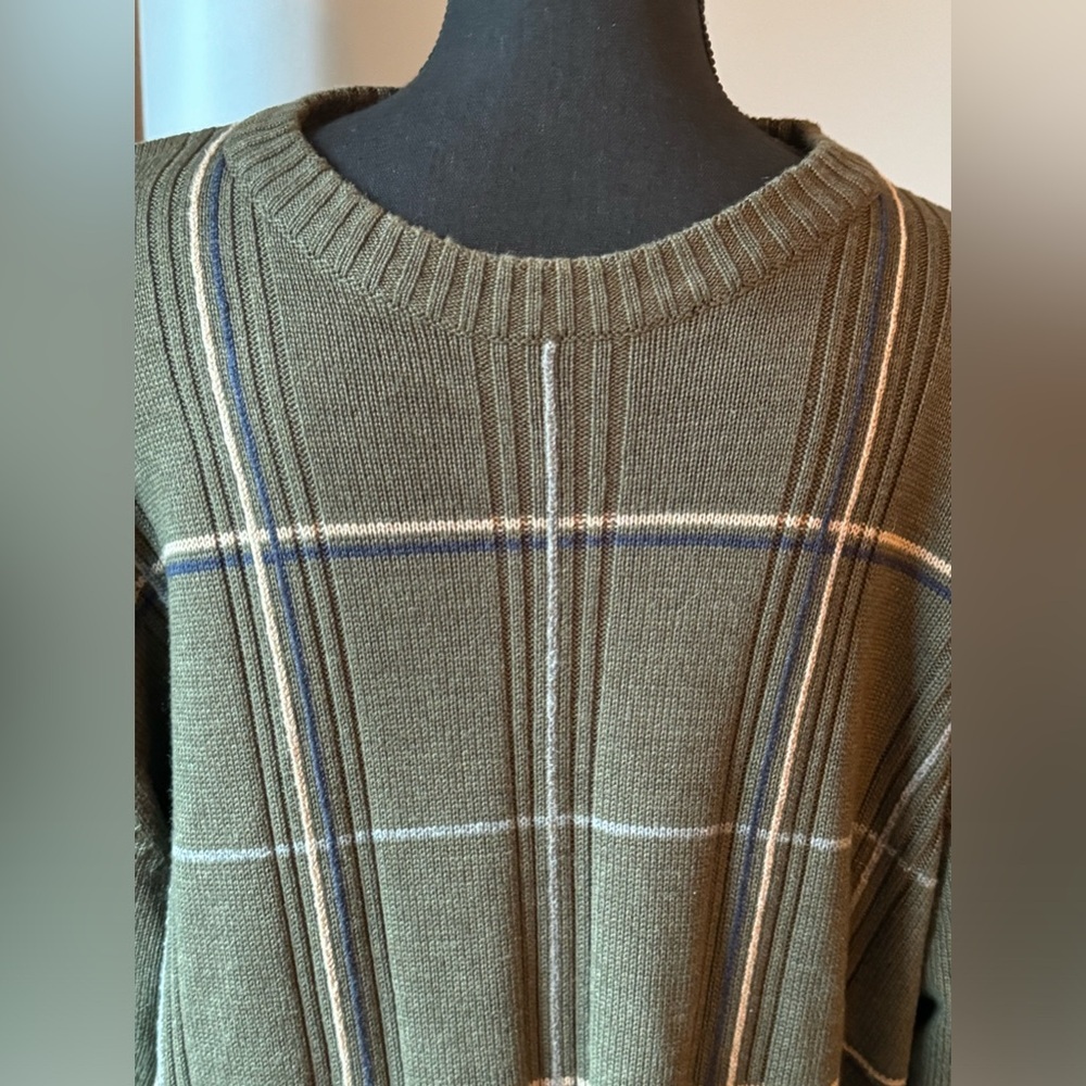 Oscar De La Renta Mens XXL Green Cotton Blend Plaid Crew Sweater Window​ - Picture 2 of 6